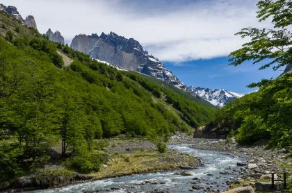 A river and mountain range in Torres del Paine National Park, Patagonia, Chile