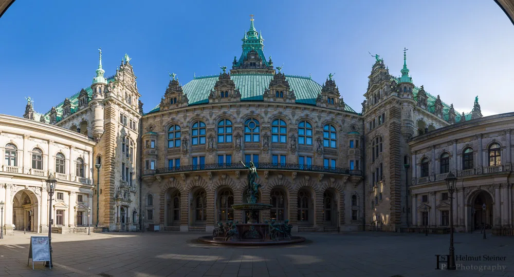 Panorama of the inner court of the city hall in Hamburg