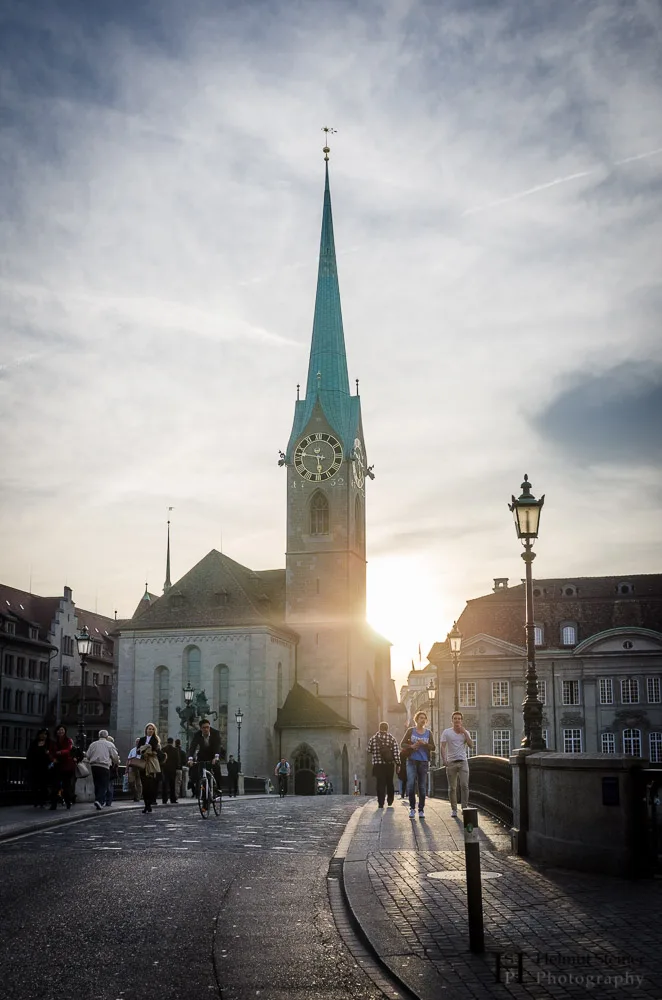 Sunset behind a church in Zürich
