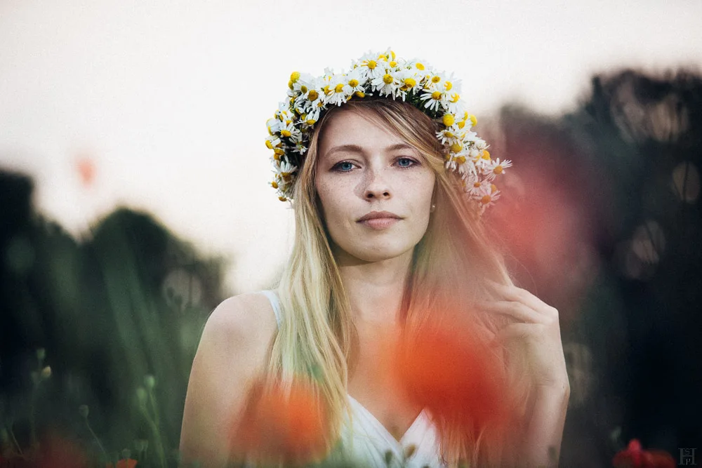 Portrait of a girl standing in a wild poppies field with a girdle of chamomile flowers
